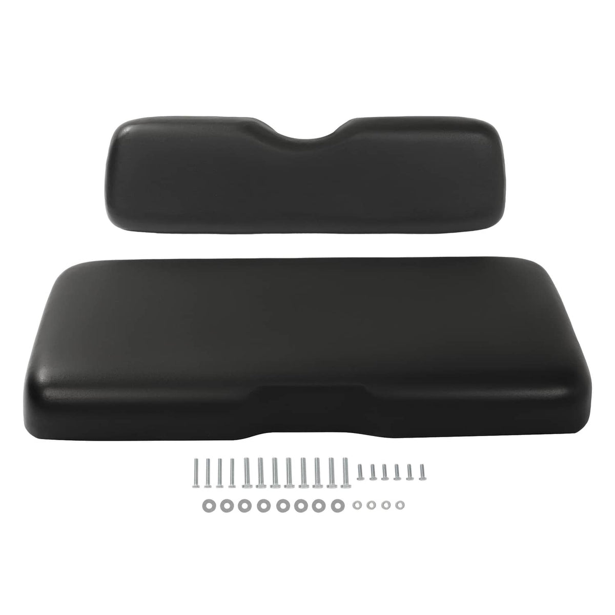 Black seat bottom and backrest cushions shown from top with mounting parts