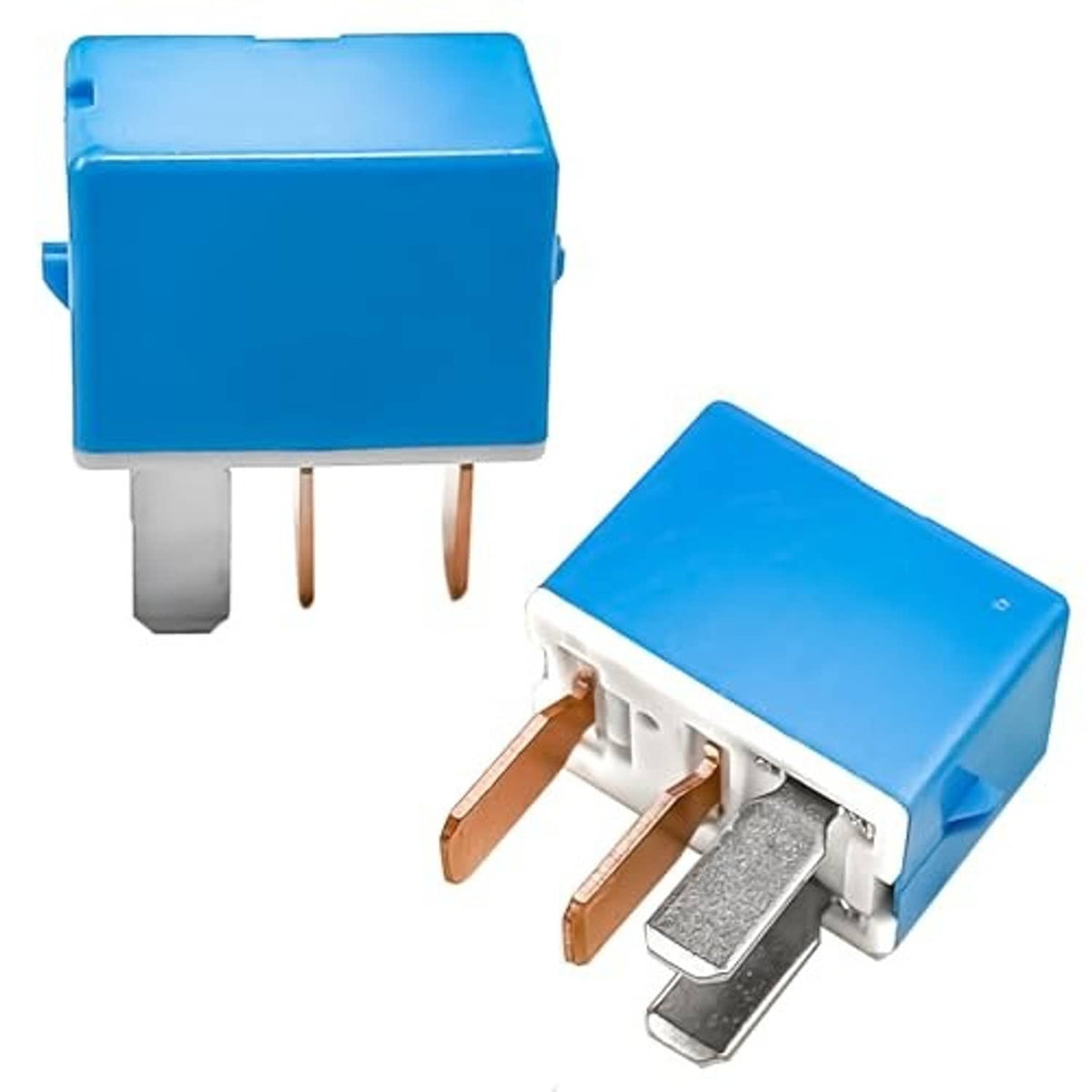 Pair of 12V AC relays with blue covers and silver base, copper contacts visible