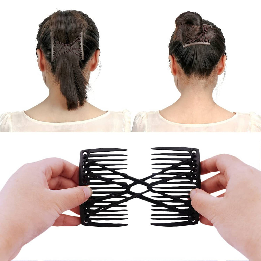 Black interlocking hair comb fork clip, shown in hands for styling