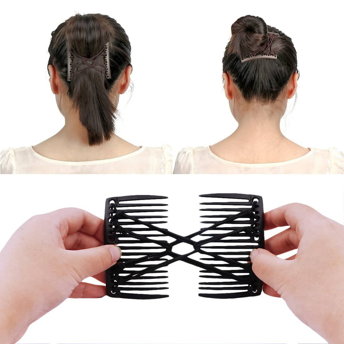 Black interlocking hair comb fork clip, shown in hands for styling