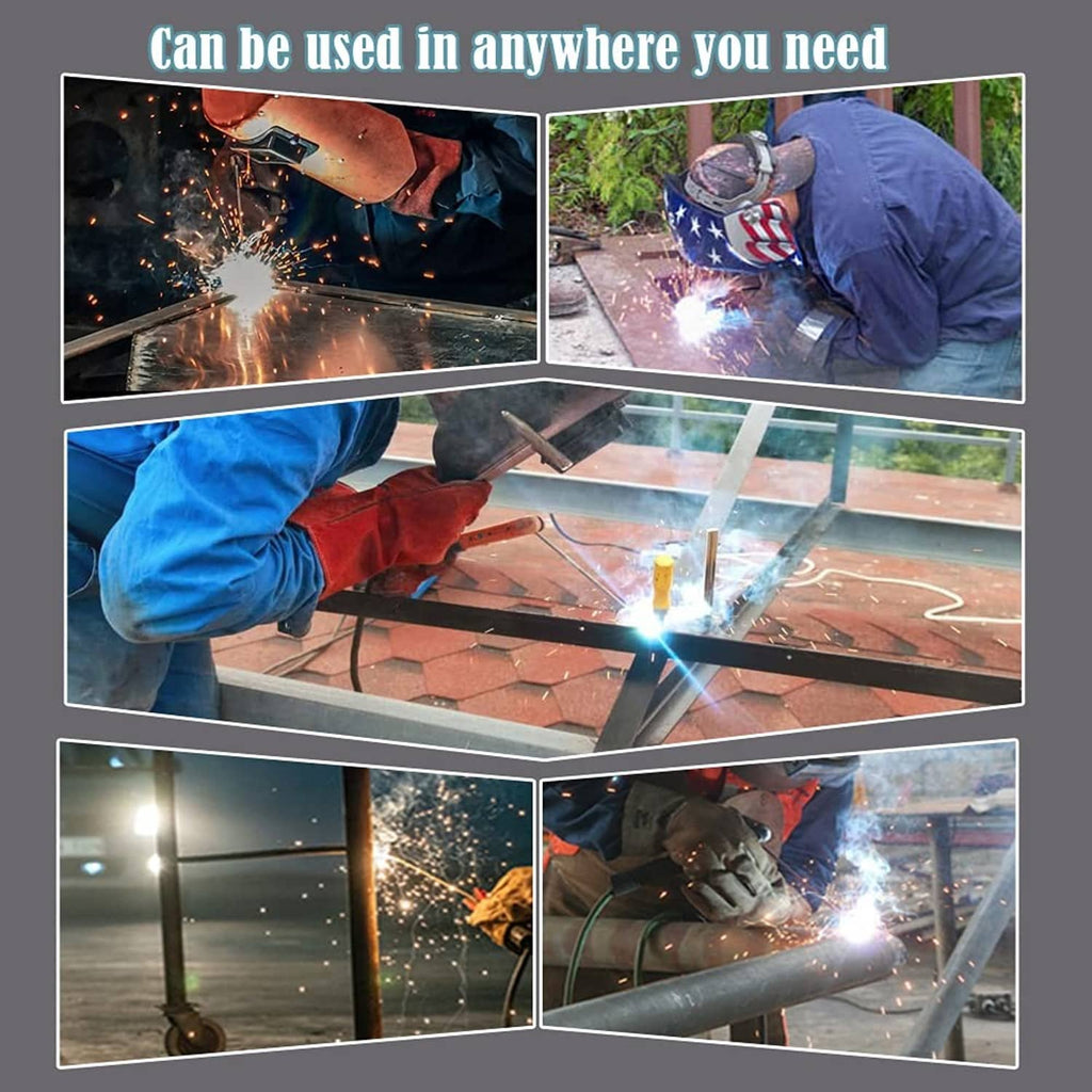 Stick welder welding metal with bright arc sparks across multiple joints
