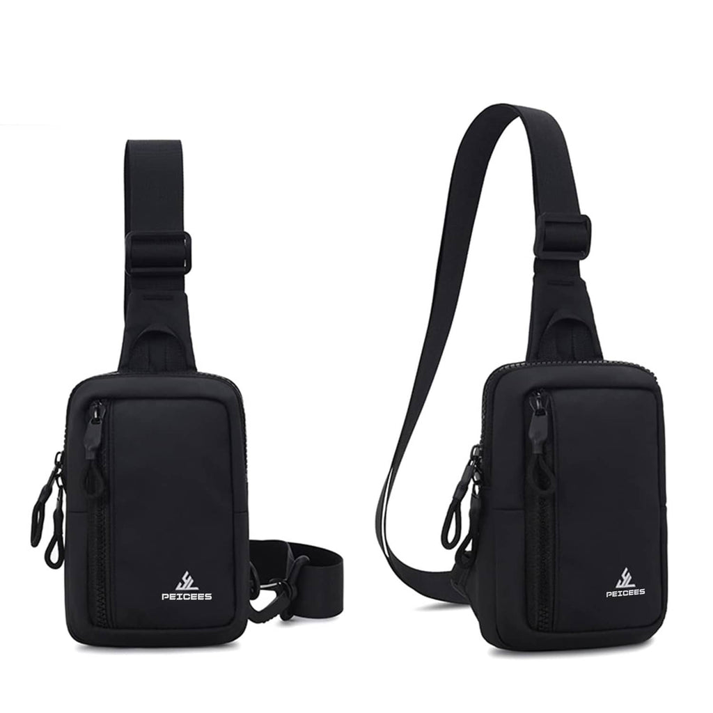Black mini crossbody bag pair view with adjustable shoulder strap and side zipper detail