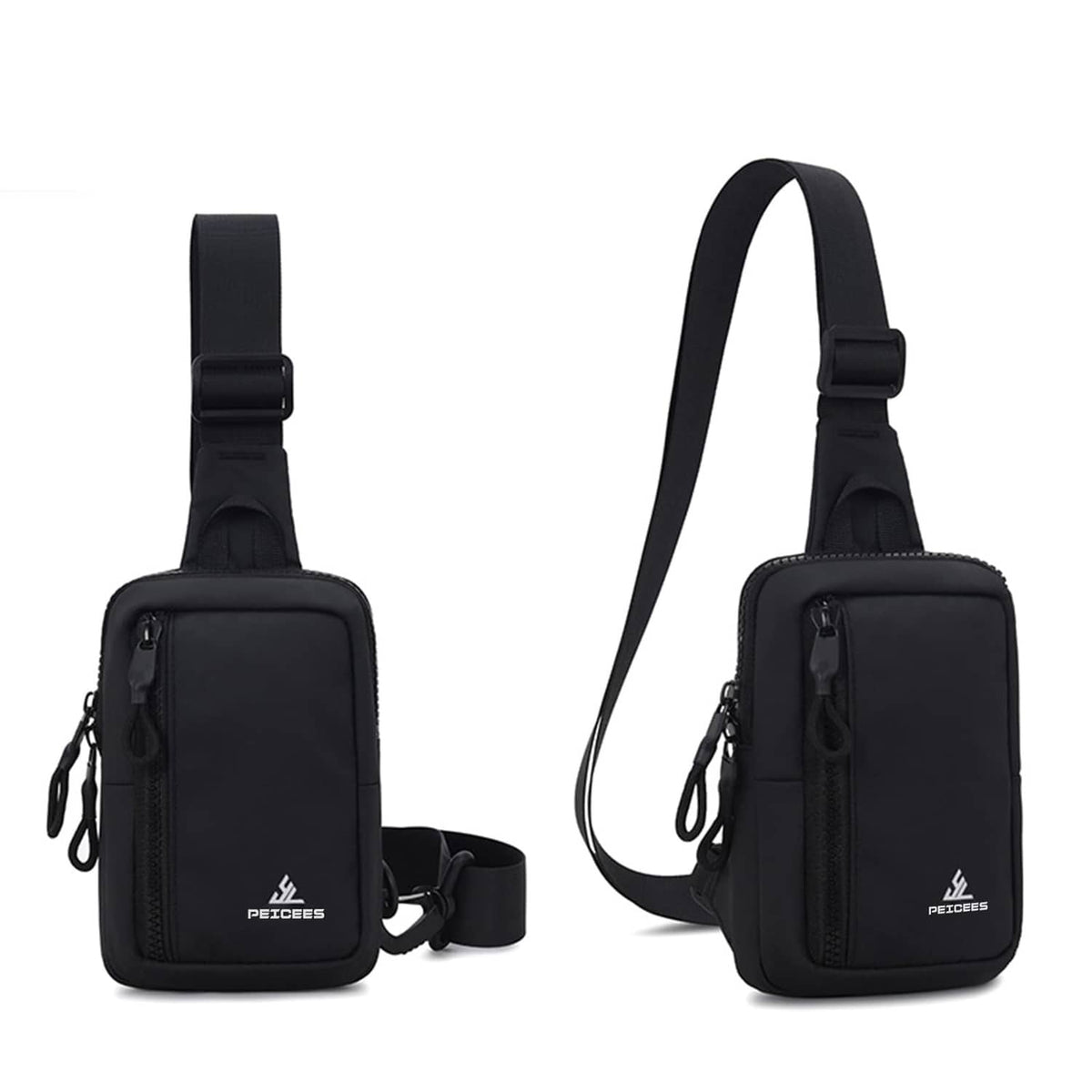Black mini crossbody bag pair view with adjustable shoulder strap and side zipper detail