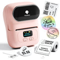 Pink Phomemo portable thermal label printer with oval top window and keypad.