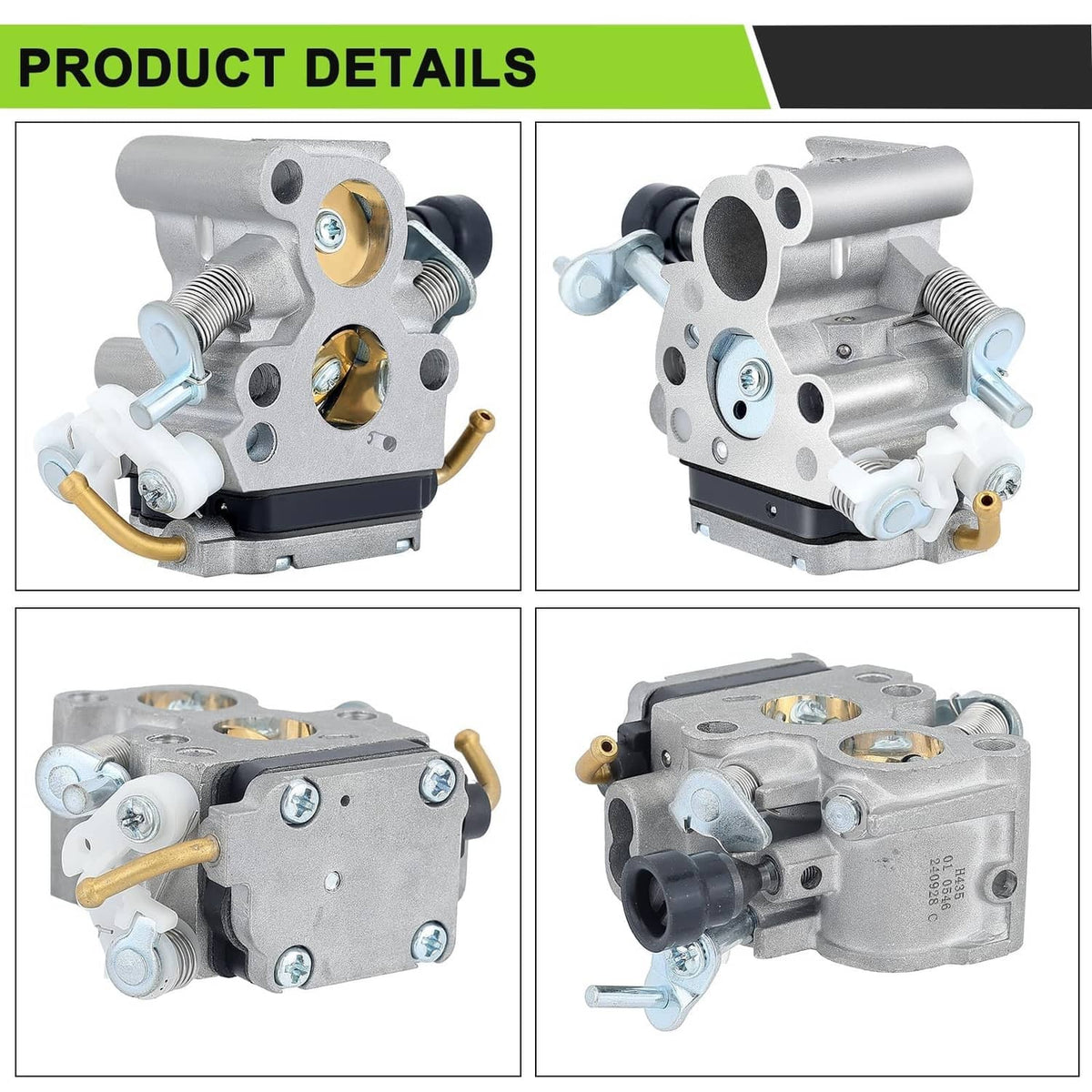 Silver chainsaw carburetor assembly shown from multiple angles with mounting holes