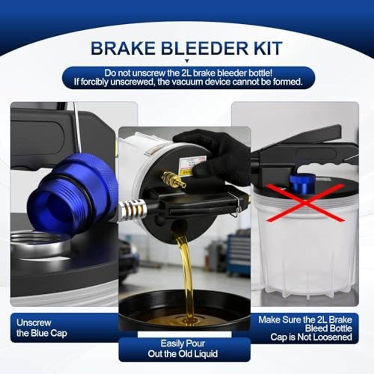 Vacuum brake bleeder kit with black pump head, blue brake bleeder bottle, and brass fluid fitting