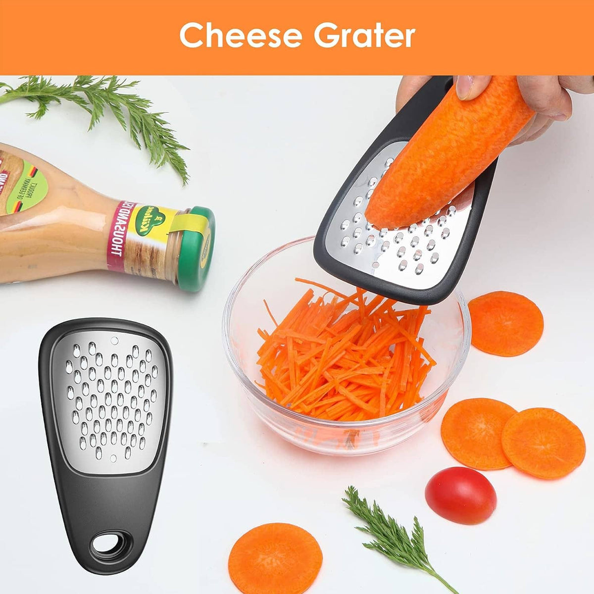 Dark cheese grater with perforated face; grating orange carrot into a container