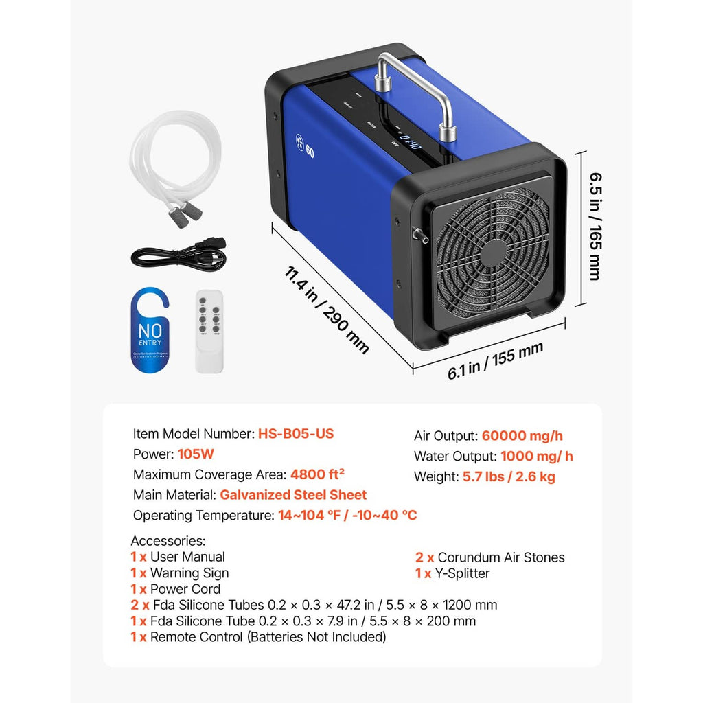 Blue ozone generator with included accessories, outlet tubes, and measurement diagram
