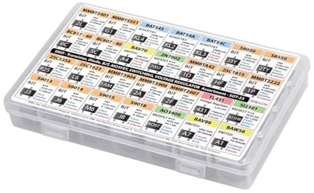 SMD transistor assortment organizer with clear lid and printed part-code labels