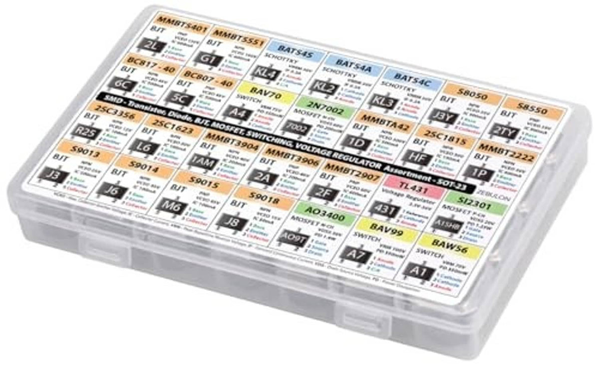 SMD transistor assortment organizer with clear lid and printed part-code labels