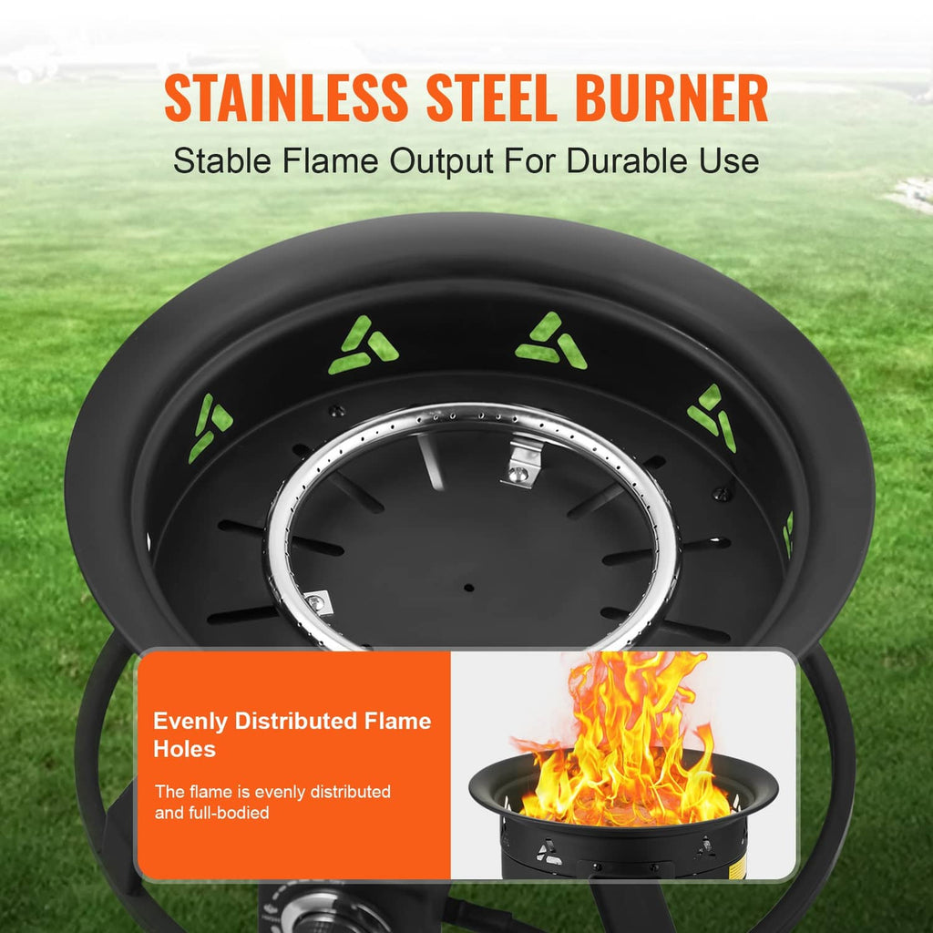 Black propane fire pit burner with circular burner base and flame ports