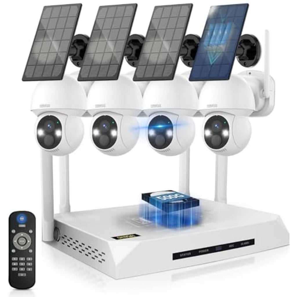 Outdoor solar PTZ security camera system with four dome cameras and base station