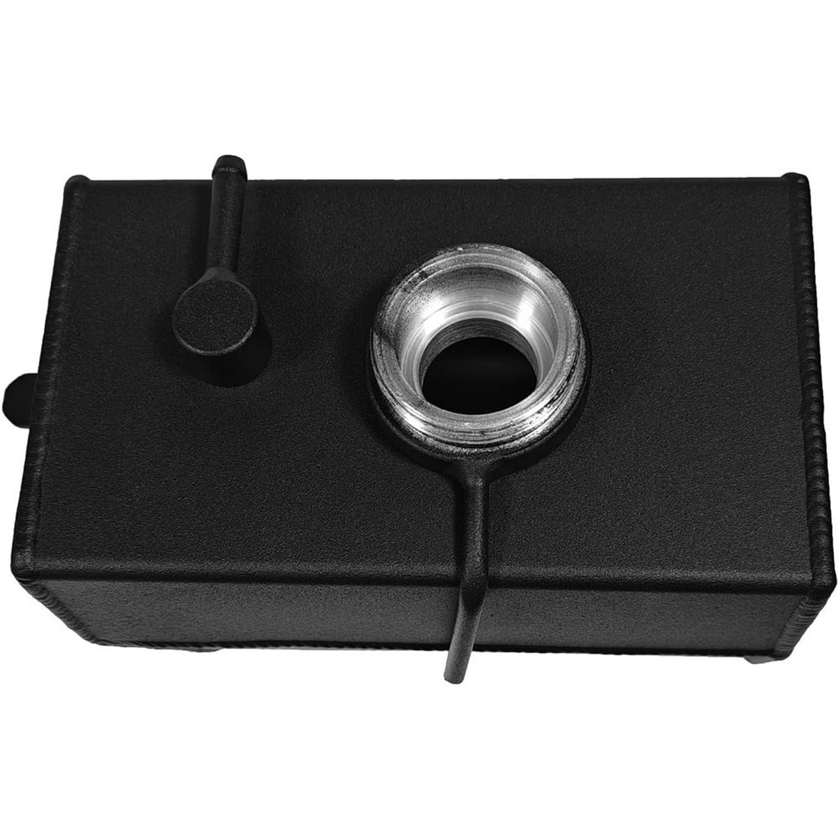 Black coolant reservoir with threaded inlet and molded guide tab