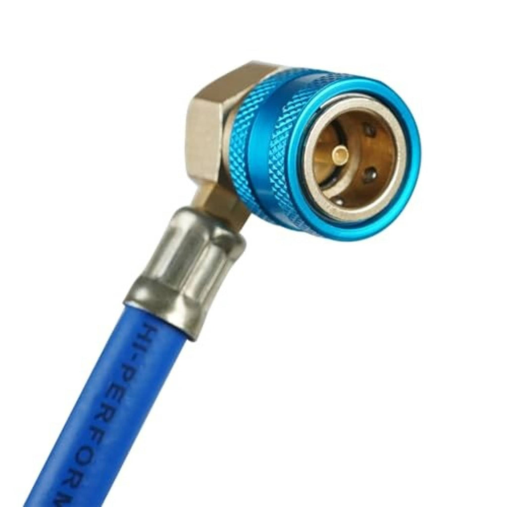 Close-up of blue quick-connect fitting with brass valve and threaded hose connection