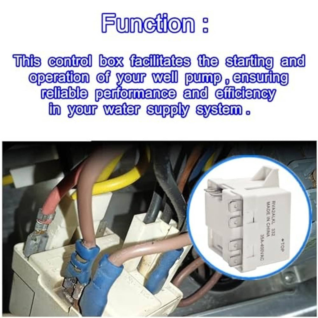 Well pump relay control box with connected wires and a white plastic housing.
