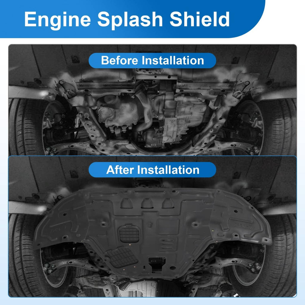 Black engine splash shield installed under the front of the car