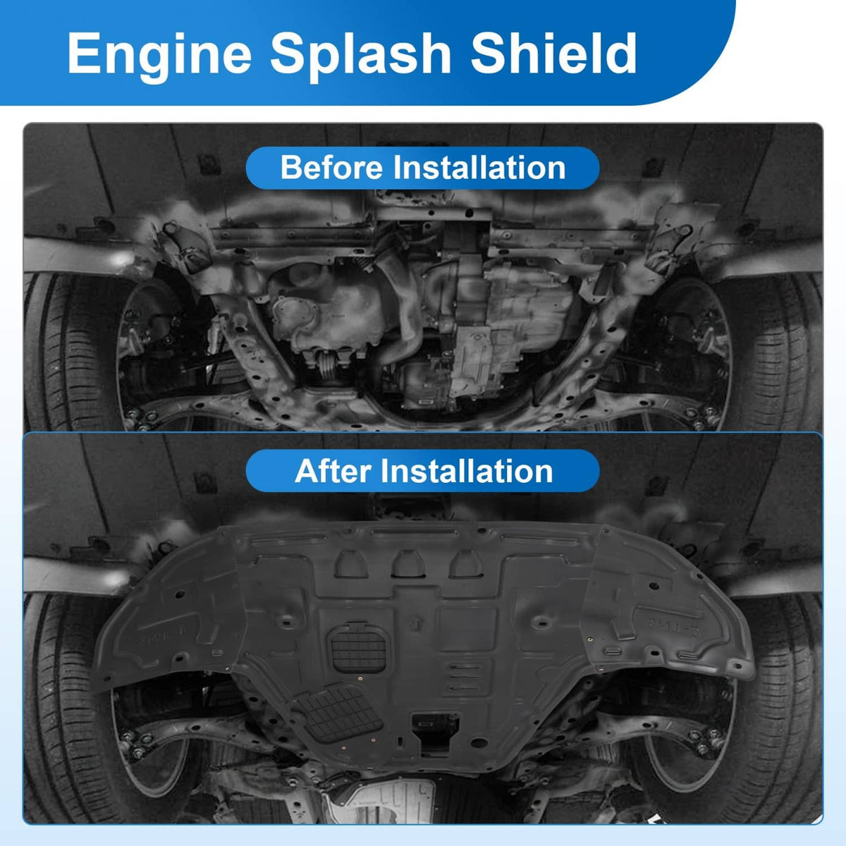 Black engine splash shield installed under the front of the car