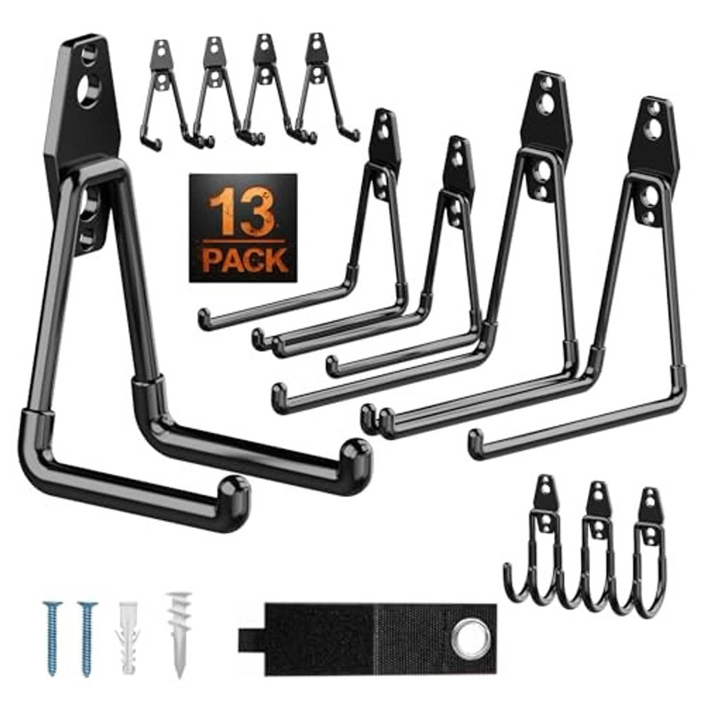 Wall-mounted heavy-duty hook pack of 13 black double hooks with straps and screws