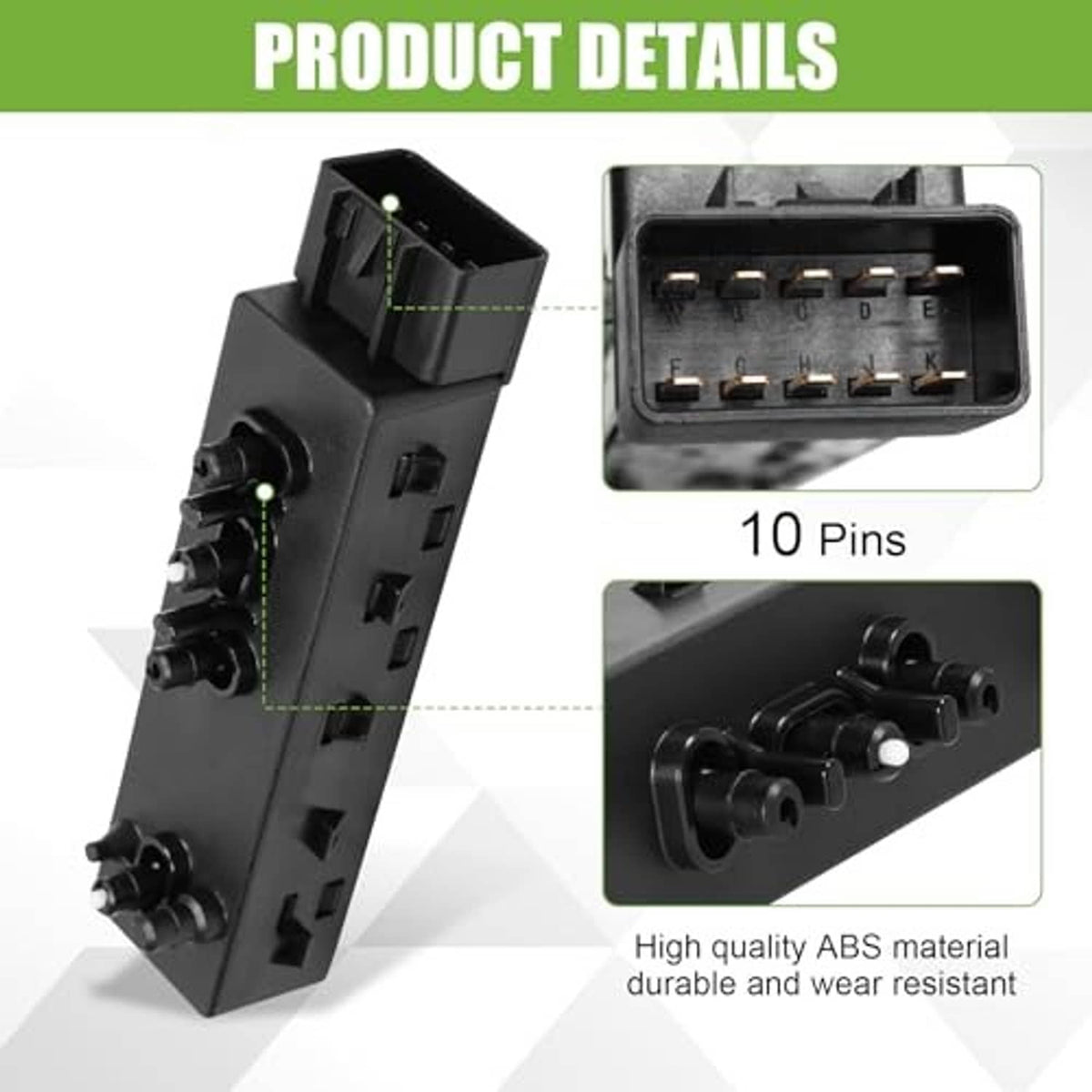 Black ABS power seat switch module with 10-pin connector and mounting holes