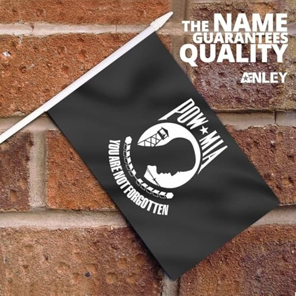 Mini hand-held POW/MIA flag, black fabric with white emblem and you are not forgotten text