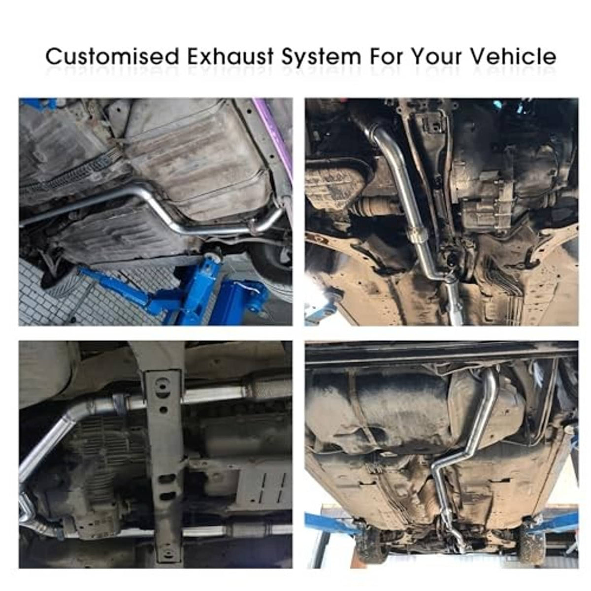 Stainless steel exhaust tubing sections installed under a vehicle chassis