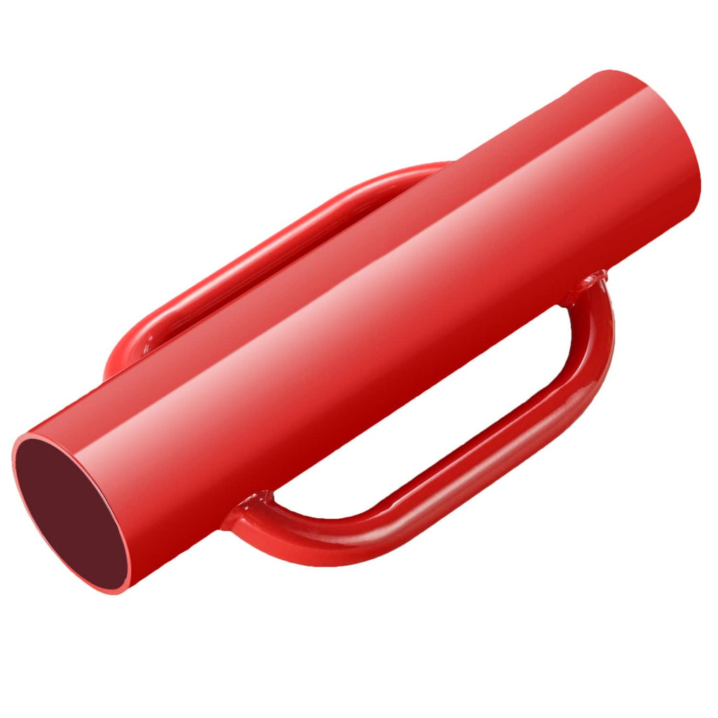 Red cylindrical post driver with U-shaped side handles, angled view