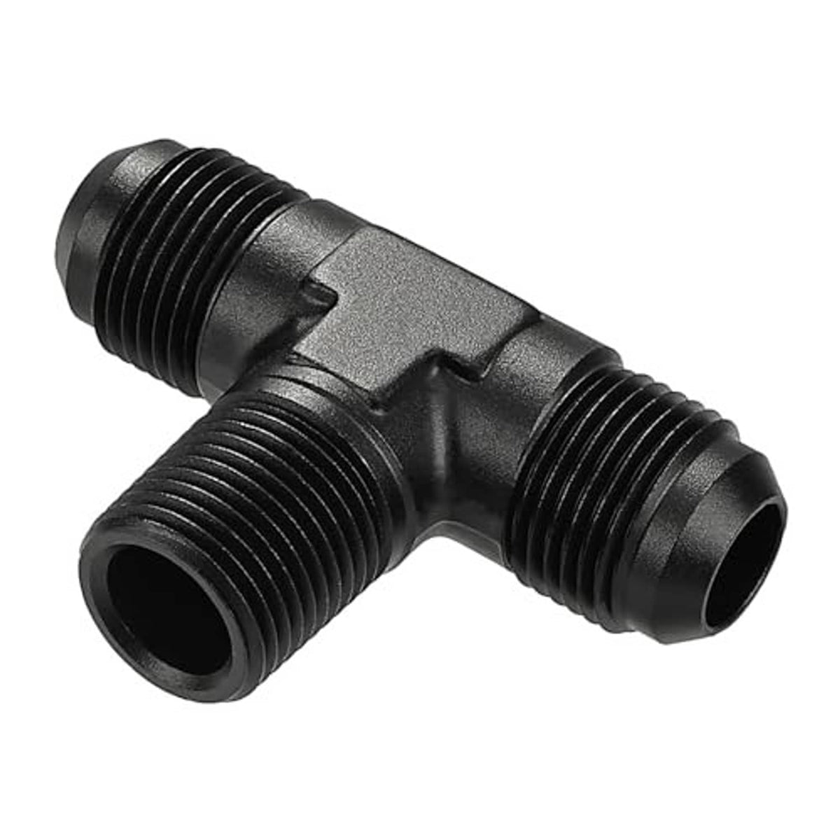 Black three-way T fitting with AN male flare and 1/2 NPT threaded ends