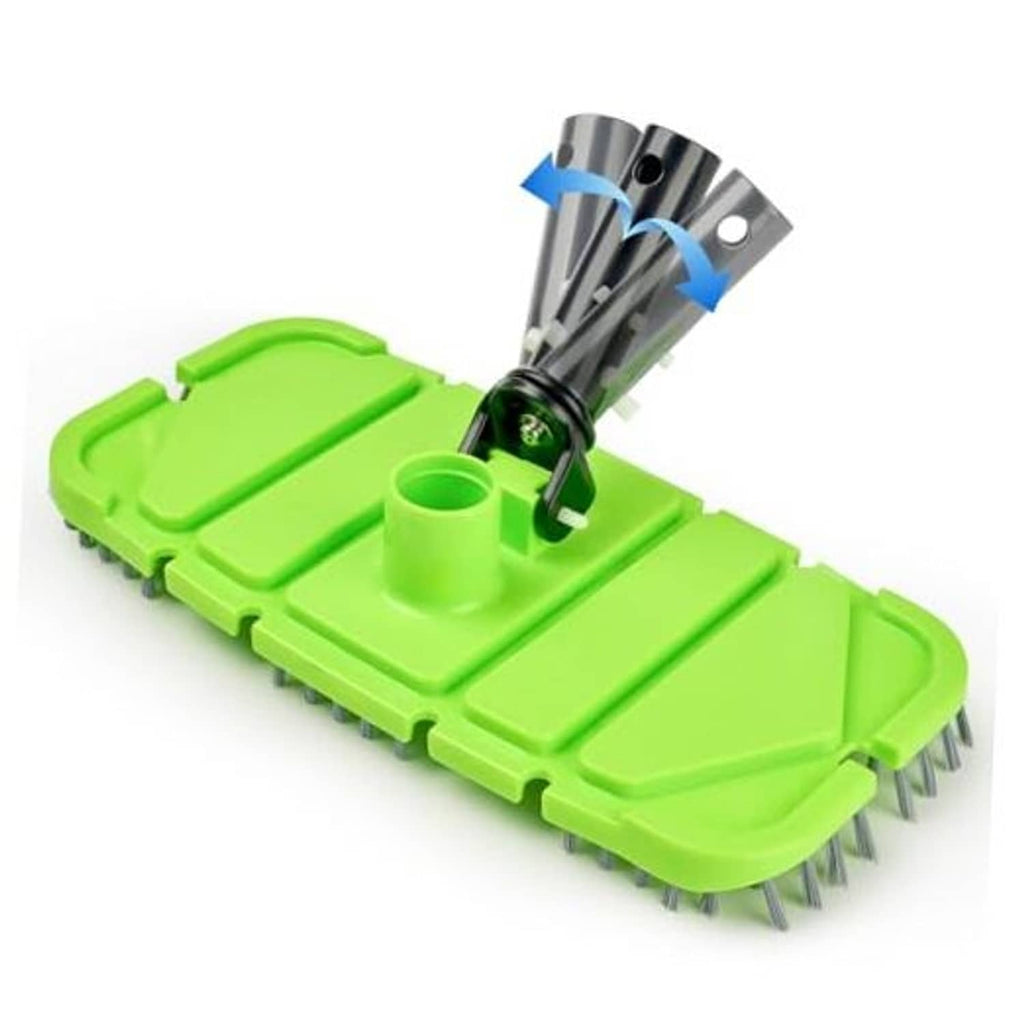 Green pool vacuum head with brush bristles, weighted body, and swivel connector