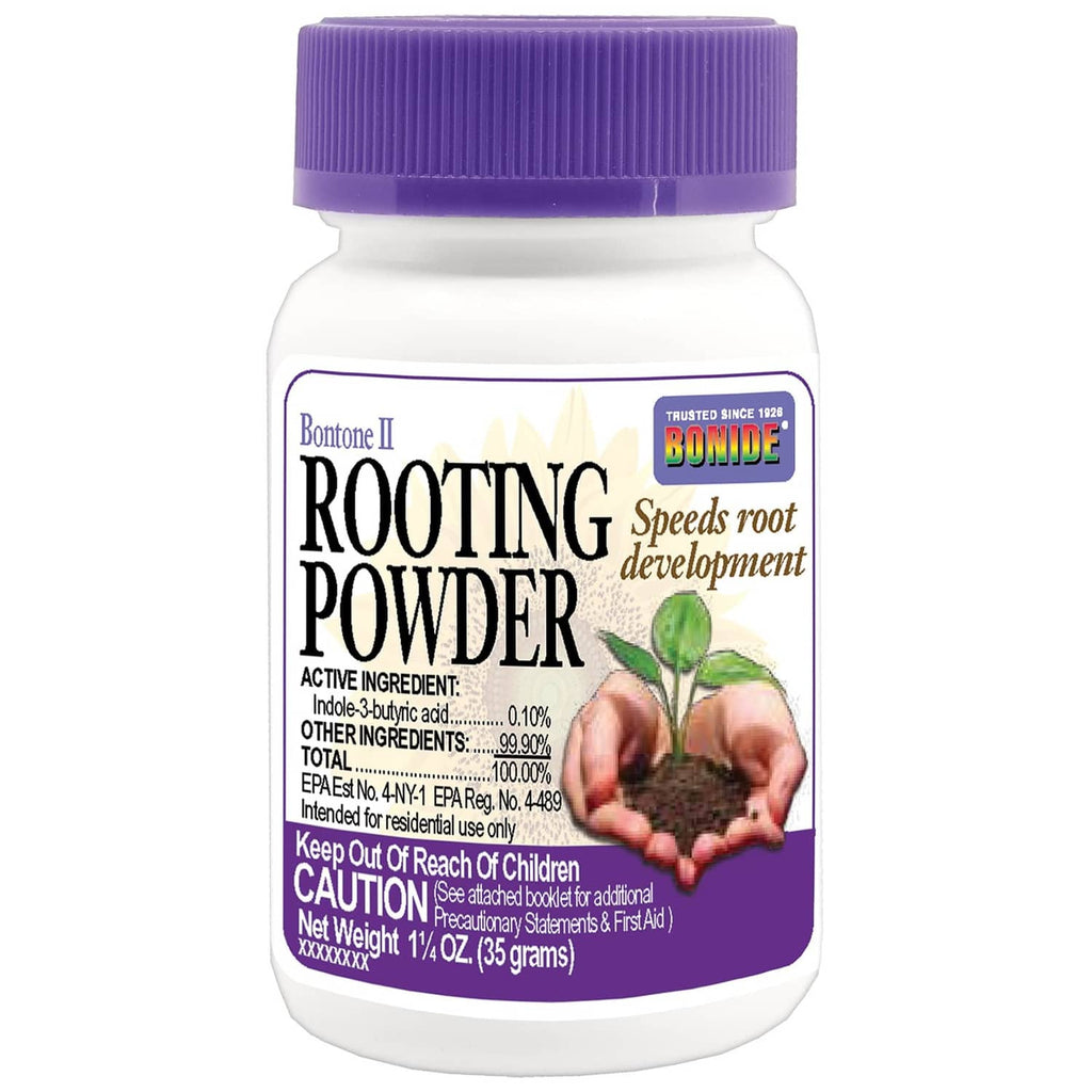 Bonide Bontone II rooting powder bottle with purple cap and white label