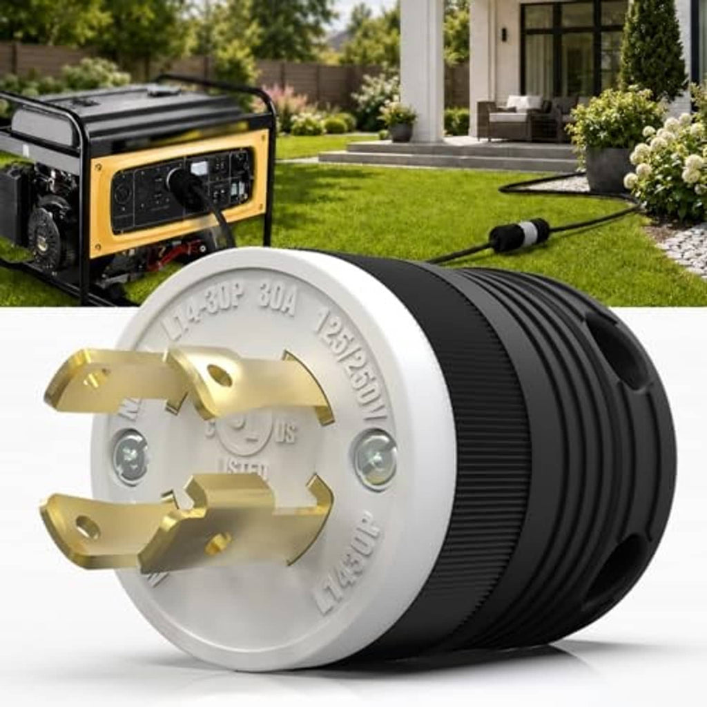 Twist-lock locking plug with white face, gold prongs, and black ribbed housing