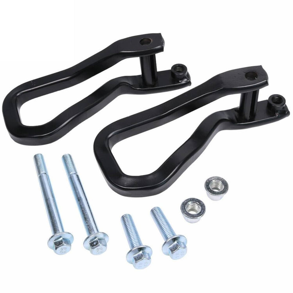 Black tow recovery hooks with mounting bases and silver bolts