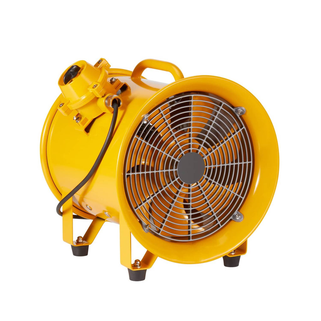 Yellow portable extractor fan blower angled view with front wire grille and top handle