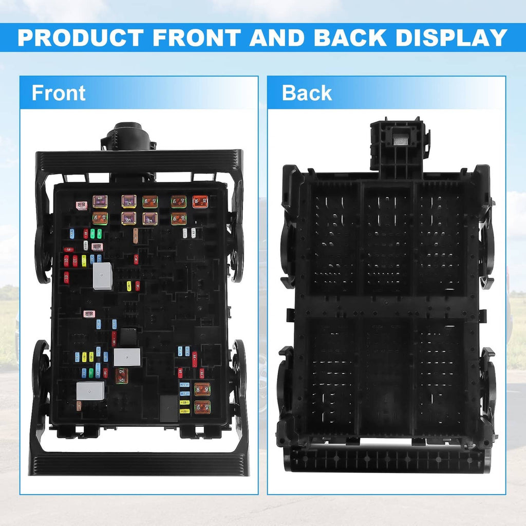 Fuse box junction block front and back panels with fuse slots and connectors