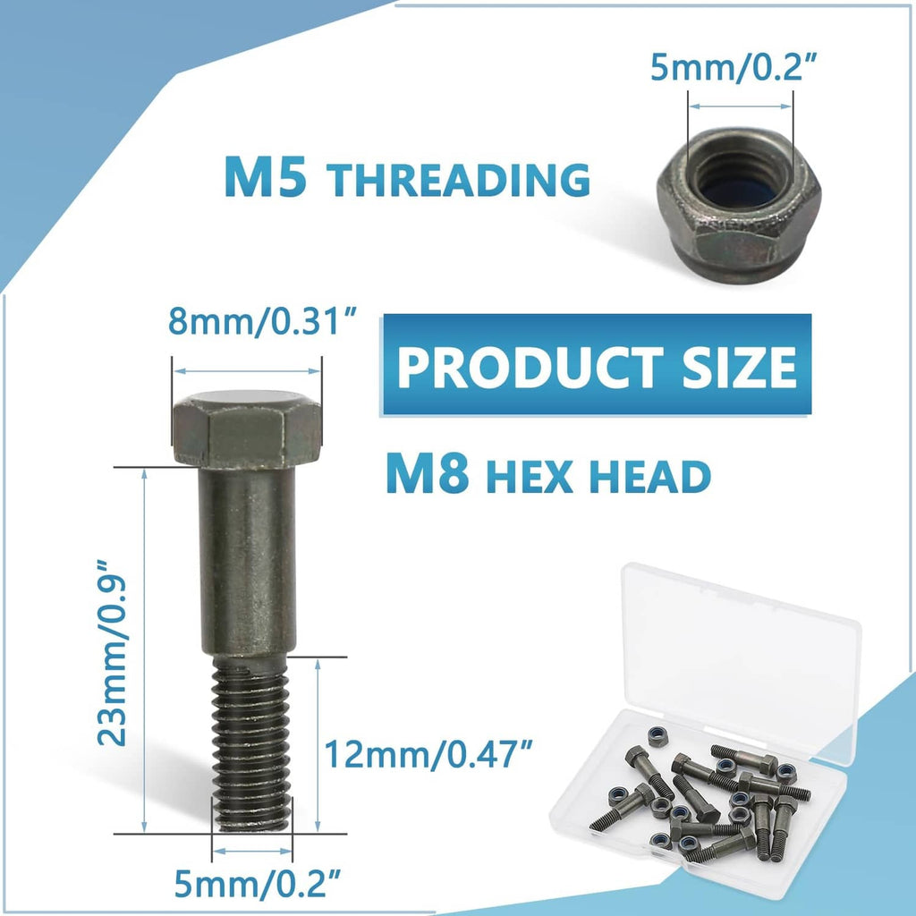 Hex head motorcycle handlebar lever pivot bolt with M5 threading and nut, dark gray metal