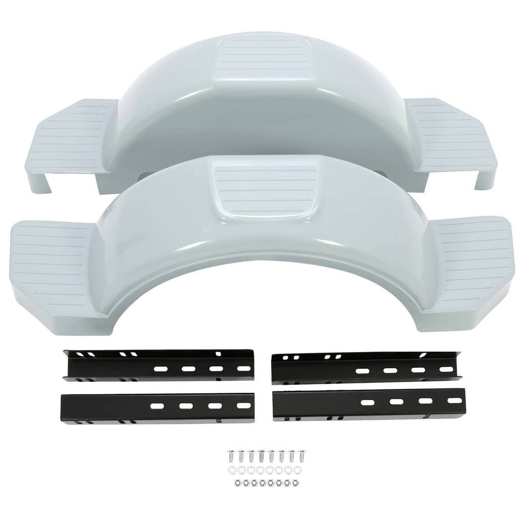 Light gray fender pair with ribbed step pads, plus black brackets and screw hardware