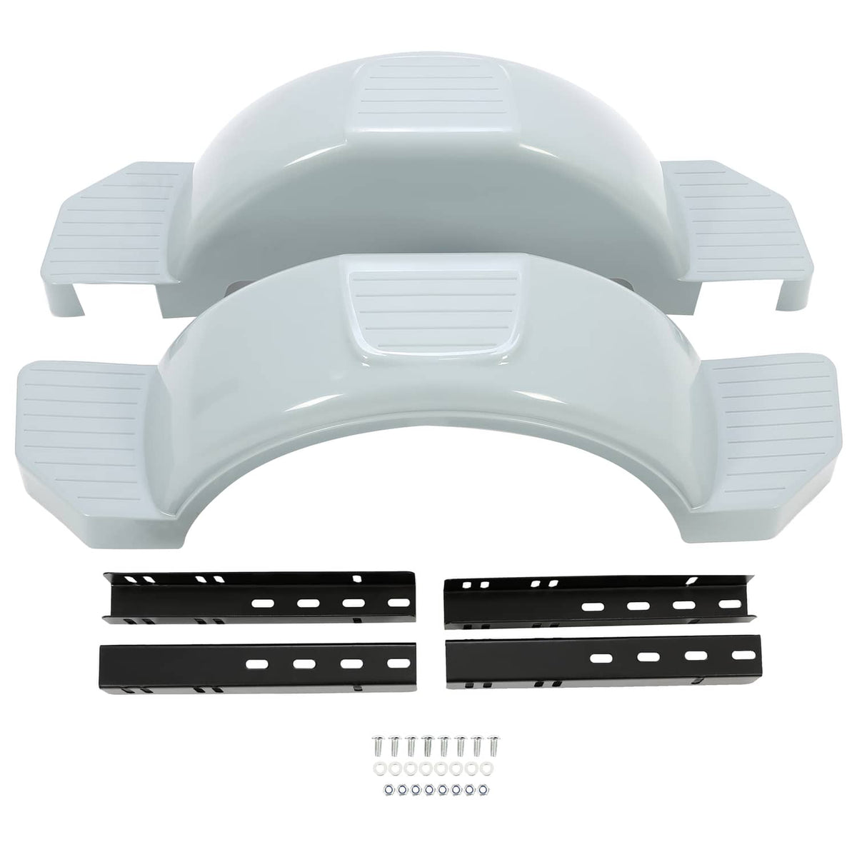 Light gray fender pair with ribbed step pads, plus black brackets and screw hardware