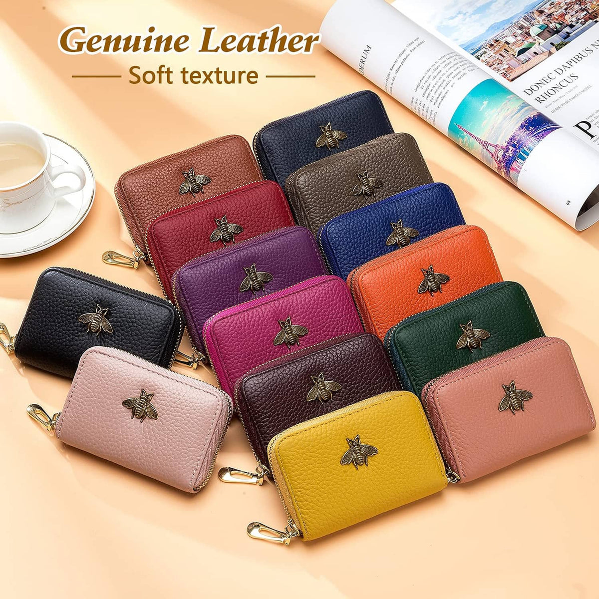 Assorted color leather zipper card cases with gold bee charm, small and compact