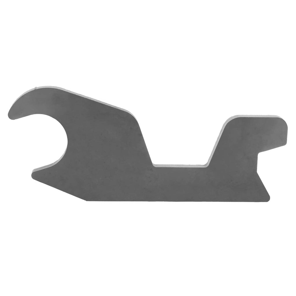 Steel bucket ear quick-attach bracket with central slot and two end mounting lugs, gray