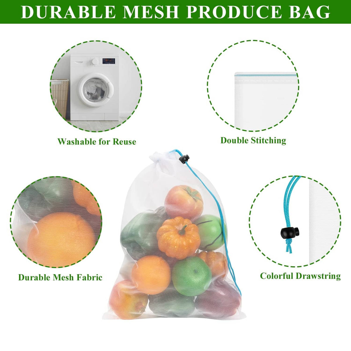 White mesh produce bag with blue drawstring tie