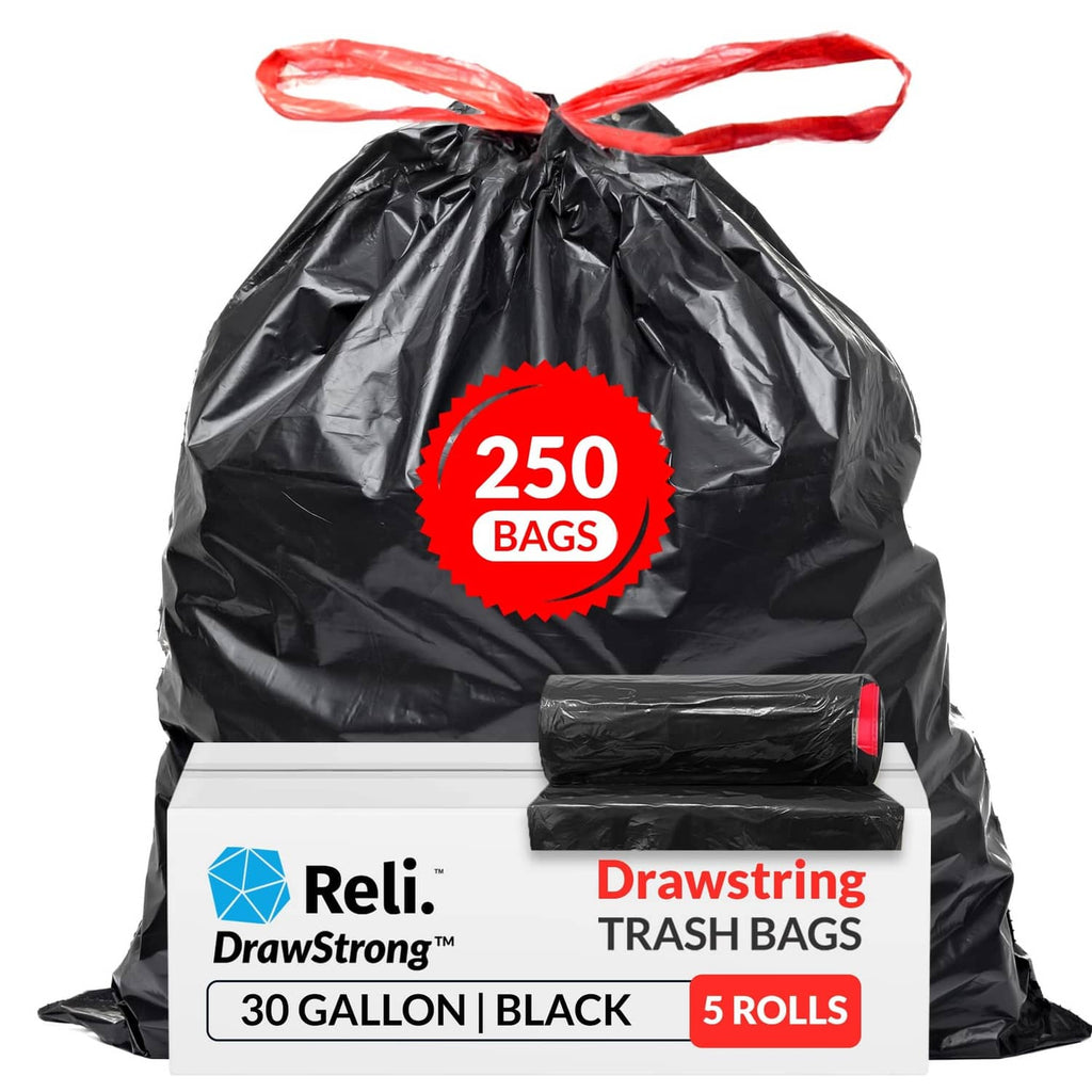 Black 30-gallon drawstring trash bags, 250-count bundle with red drawstring ties
