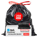 Black 30-gallon drawstring trash bags, 250-count bundle with red drawstring ties