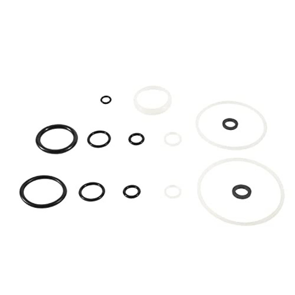 Assorted black O-ring and gasket seals layout for floor jack seal repair kit