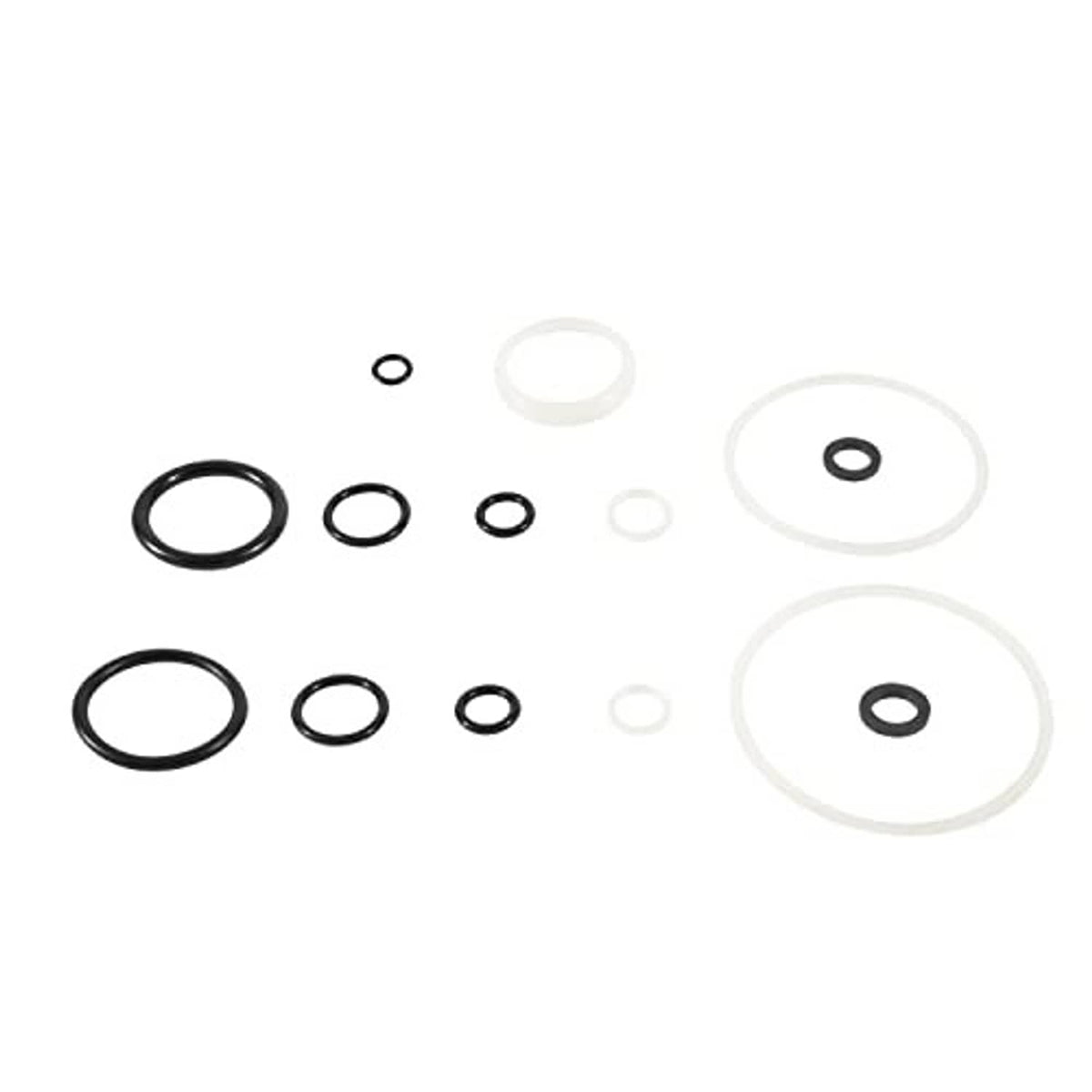 Assorted black O-ring and gasket seals layout for floor jack seal repair kit