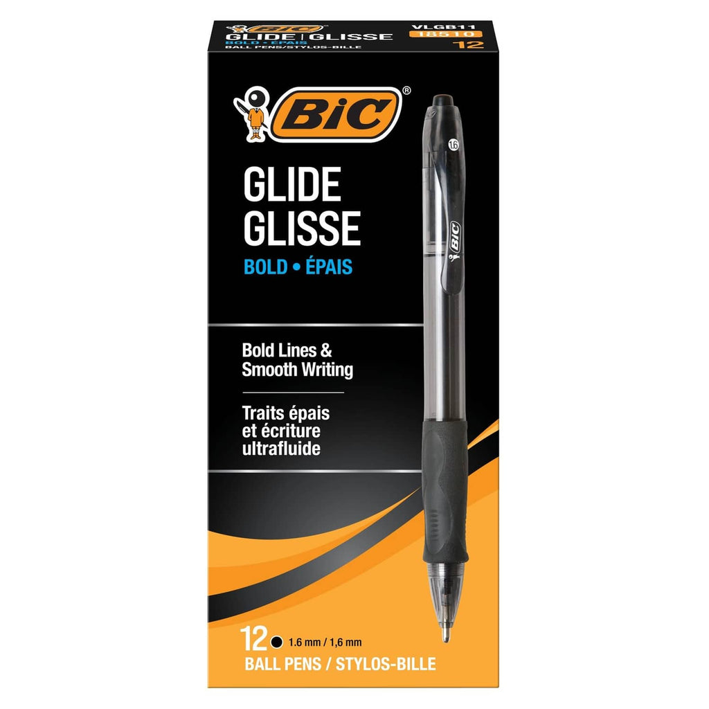 BIC Glide Glisse retractable ballpoint pen in retail box, bold black 1.6mm.