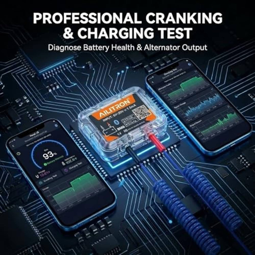 Bluetooth 12V battery monitor with red cable leads and smartphone diagnostic charts