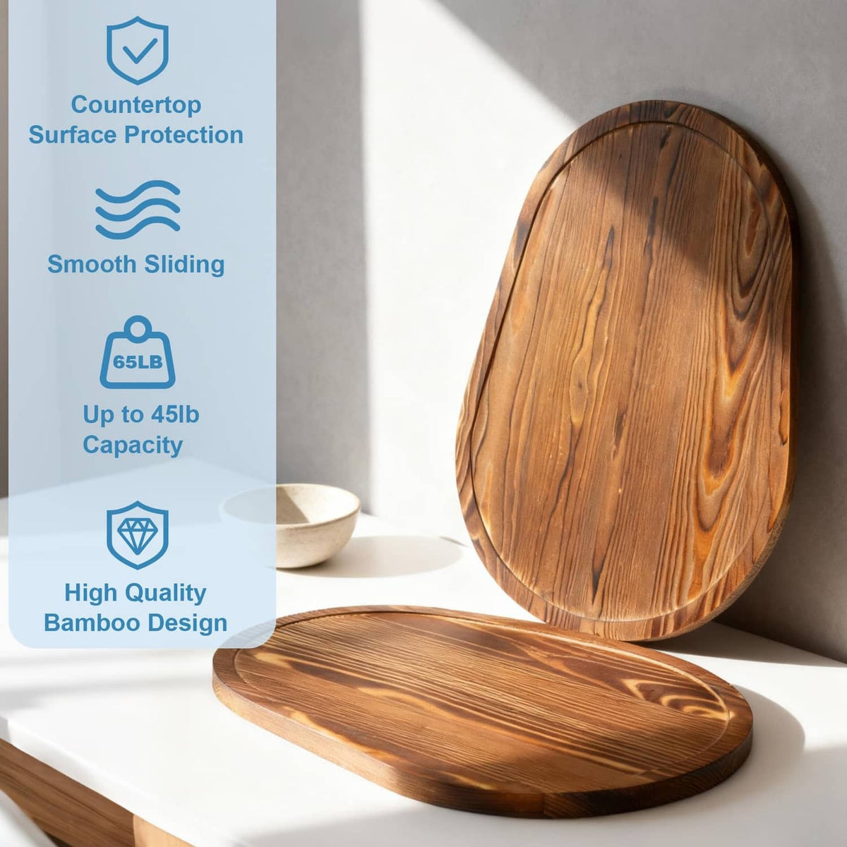 Brown wood countertop bowl slider with smooth sliding design for KitchenAid
