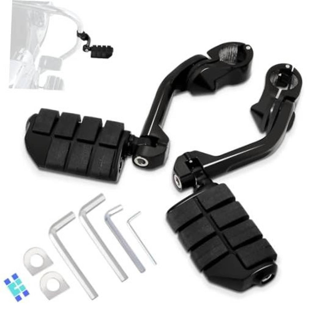 Black adjustable highway foot pegs with long angled mounts and textured rubber pads