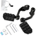 Black adjustable highway foot pegs with long angled mounts and textured rubber pads