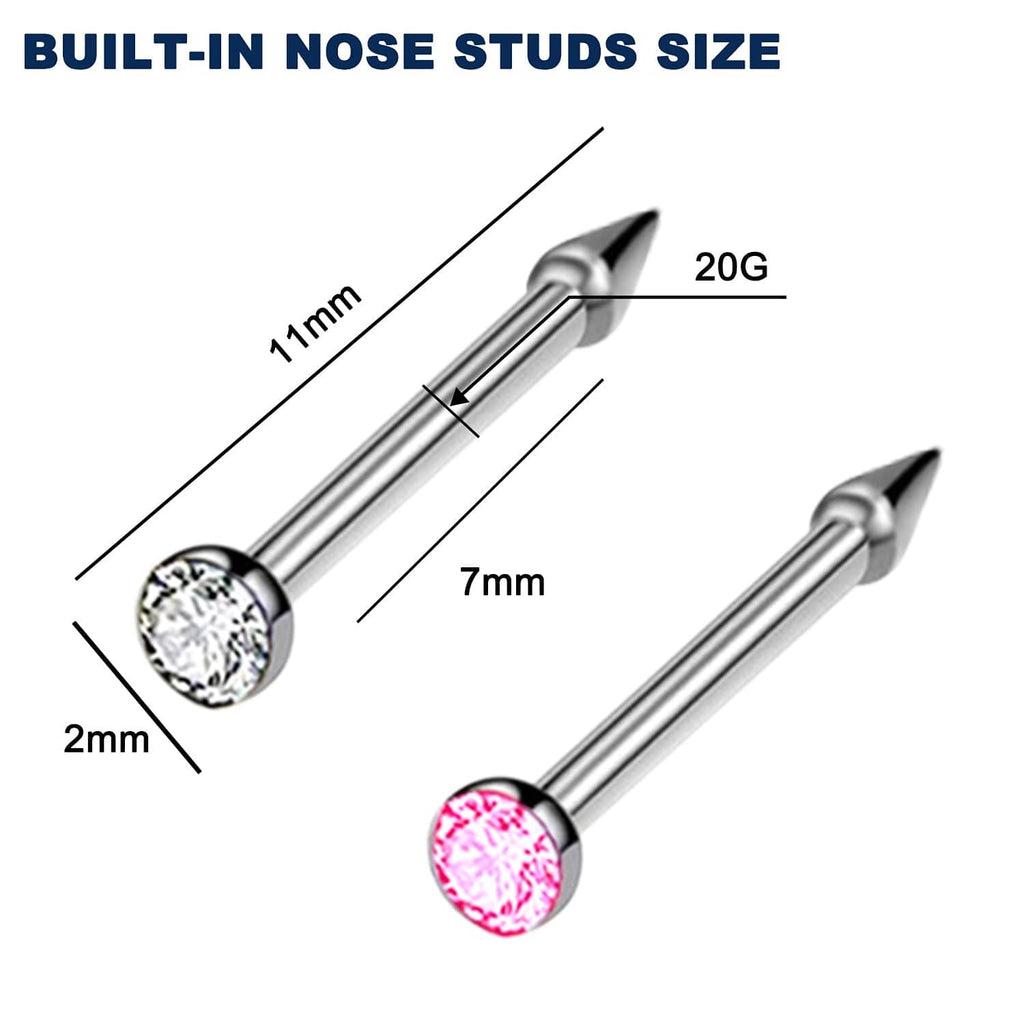 Metal nose piercing pin with built-in crystal stud, 20G style measurement