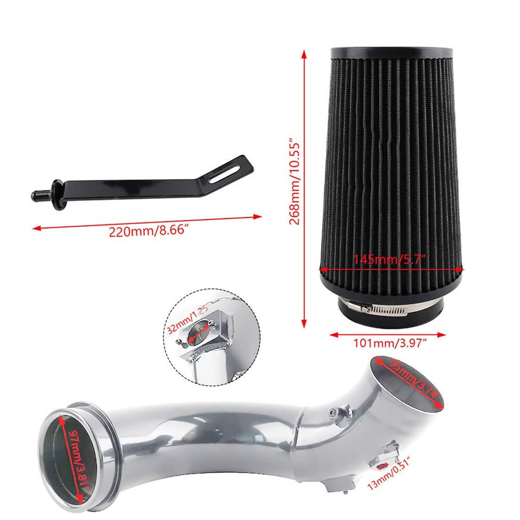 Cold air intake filter and polished intake pipe with included mounting bracket
